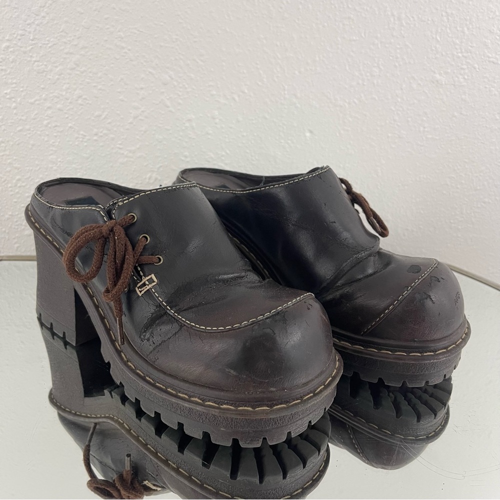 L.E.I. Vintage Y2K Brown Faux Leather Chunky Platform Lace Up Heeled Mule Shoes - Picture 3 of 12